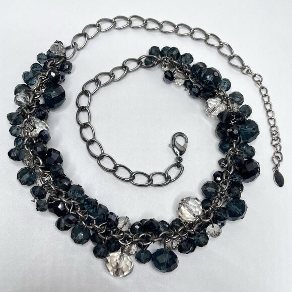 Aldo Gunmetal Dark Blue White Glass Cha Cha Beaded Necklace Boho Fashion - Picture 1 of 8